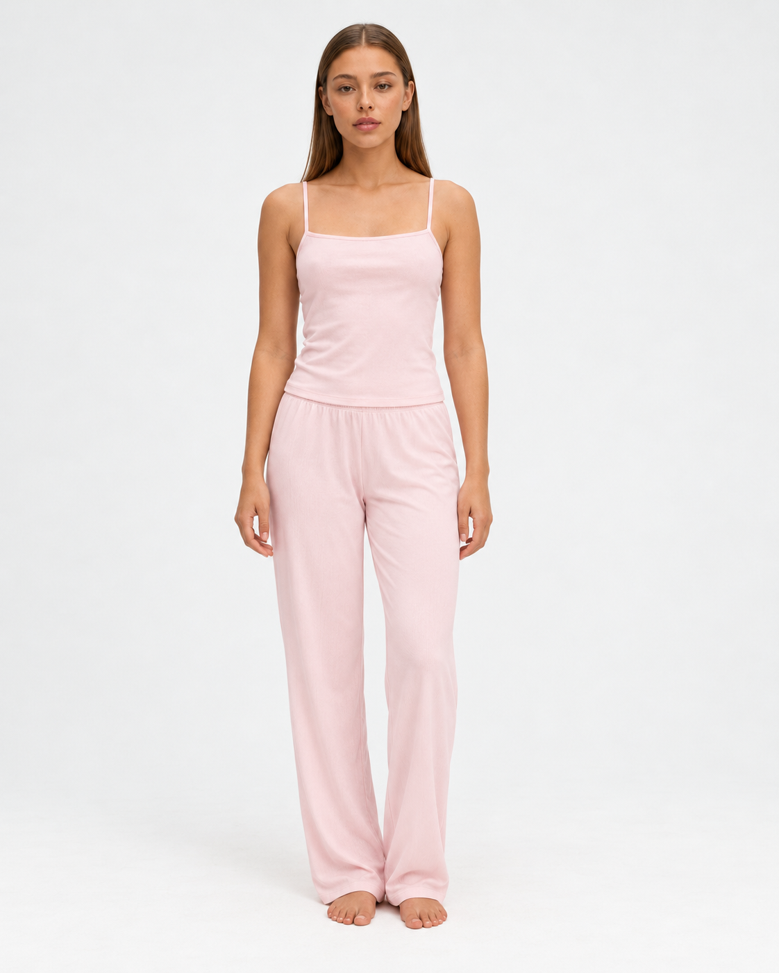 Sara wearing the Cami Sleep Set in pink, full-length front view
