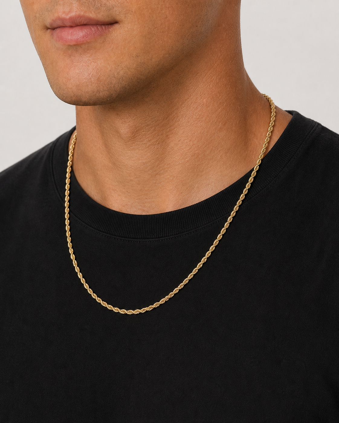 Gold Clean Rope Chain 3 mm worn by Tyler, close front view