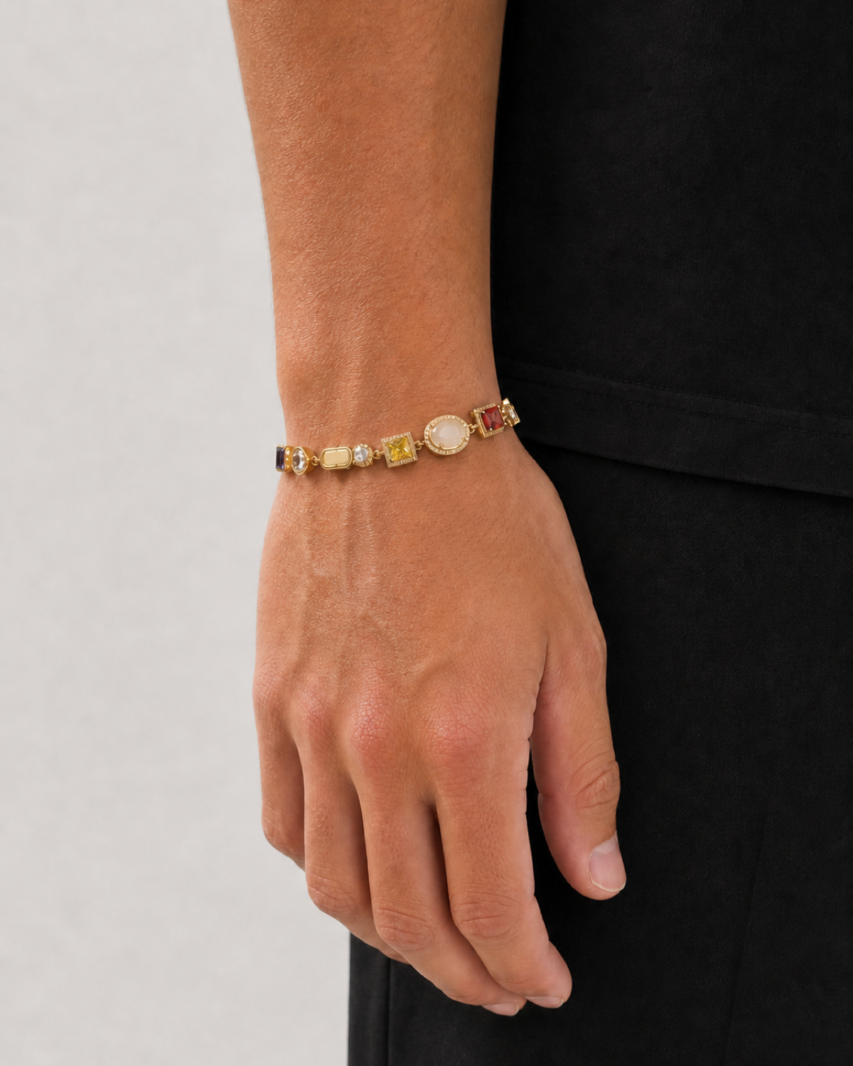 Gold Gemstone Bracelet worn on Tyler's wrist