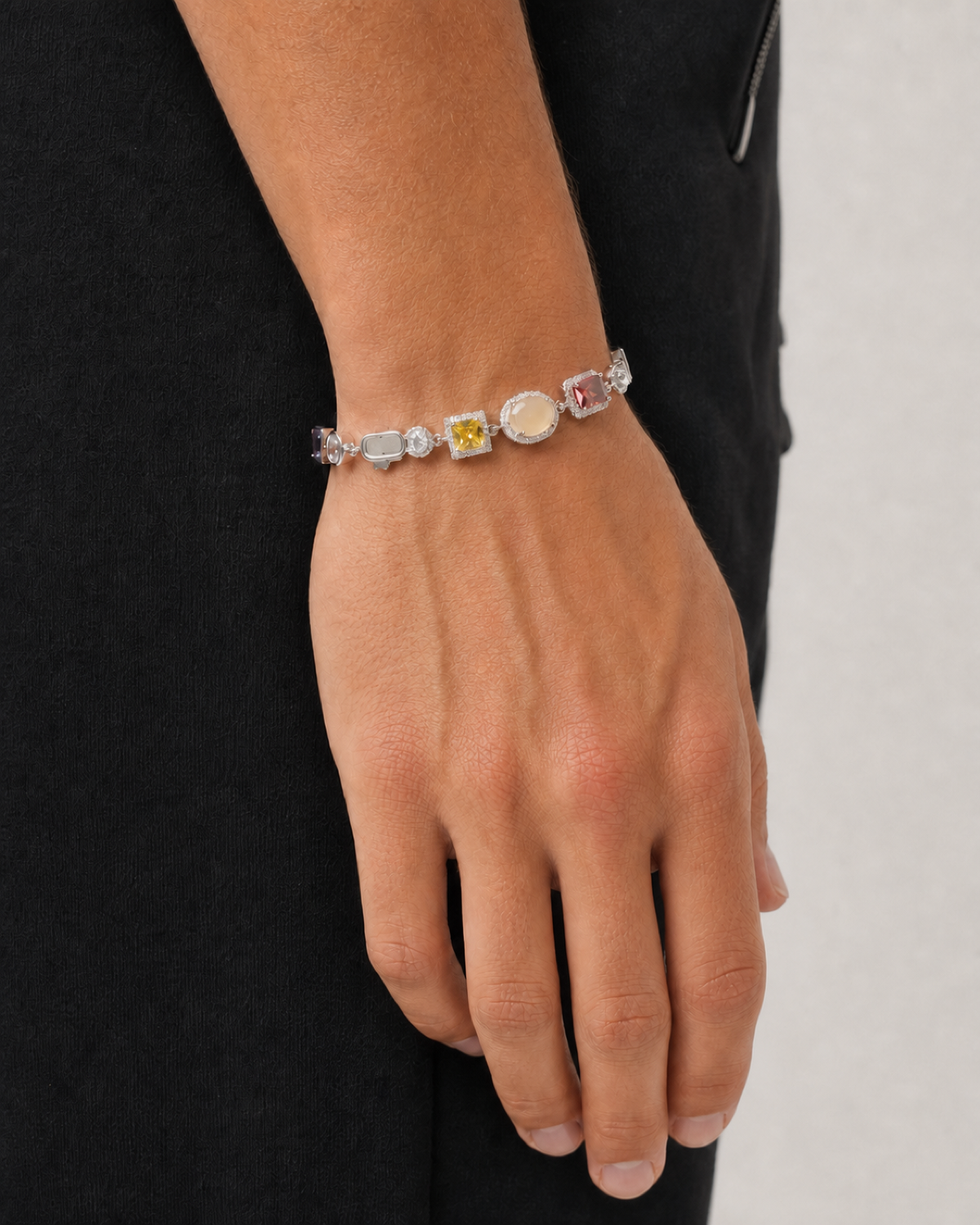 Silver Gemstone Bracelet worn on Tyler's wrist