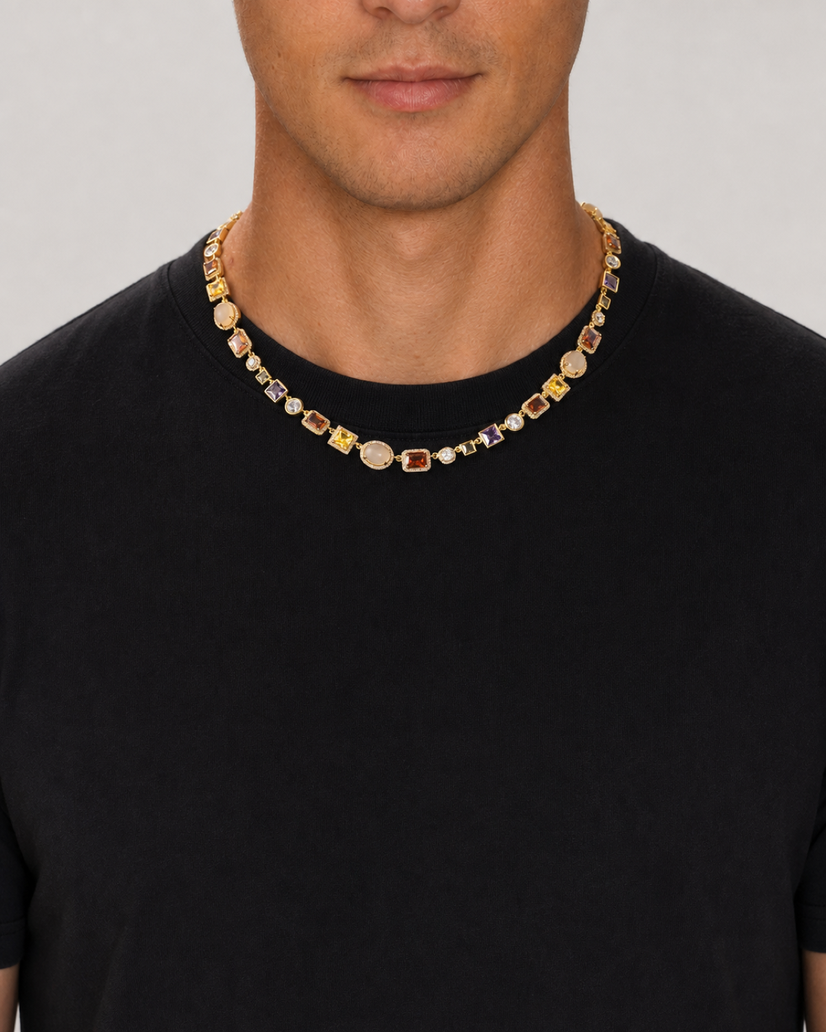 Gold Gemstone Necklace worn by Tyler from the front