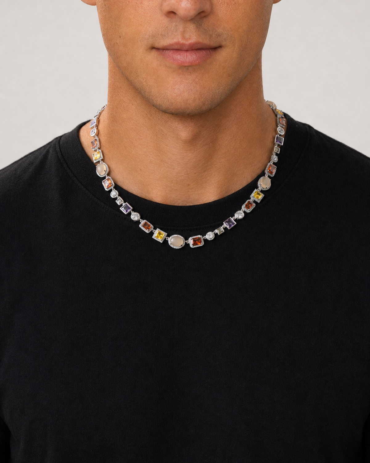 Silver Gemstone Necklace worn by Tyler from the front