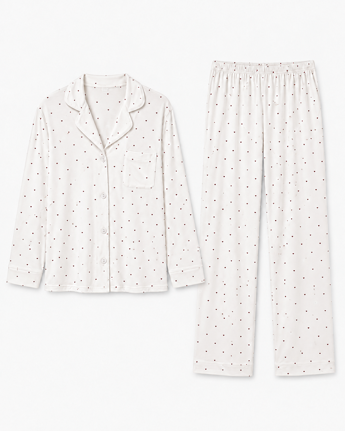 Heart Print Pajama Set in white hearts, both pieces shown flat
