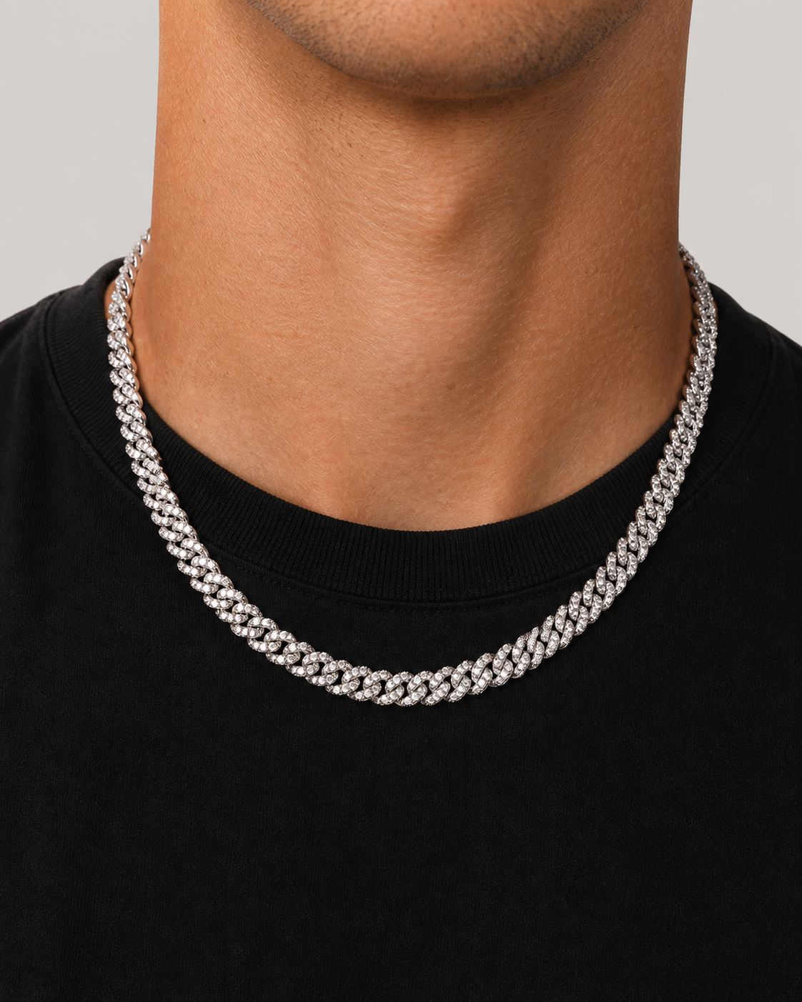 Iced Cubana Chain 8 mm in 925 sterling silver worn by a male model, front view