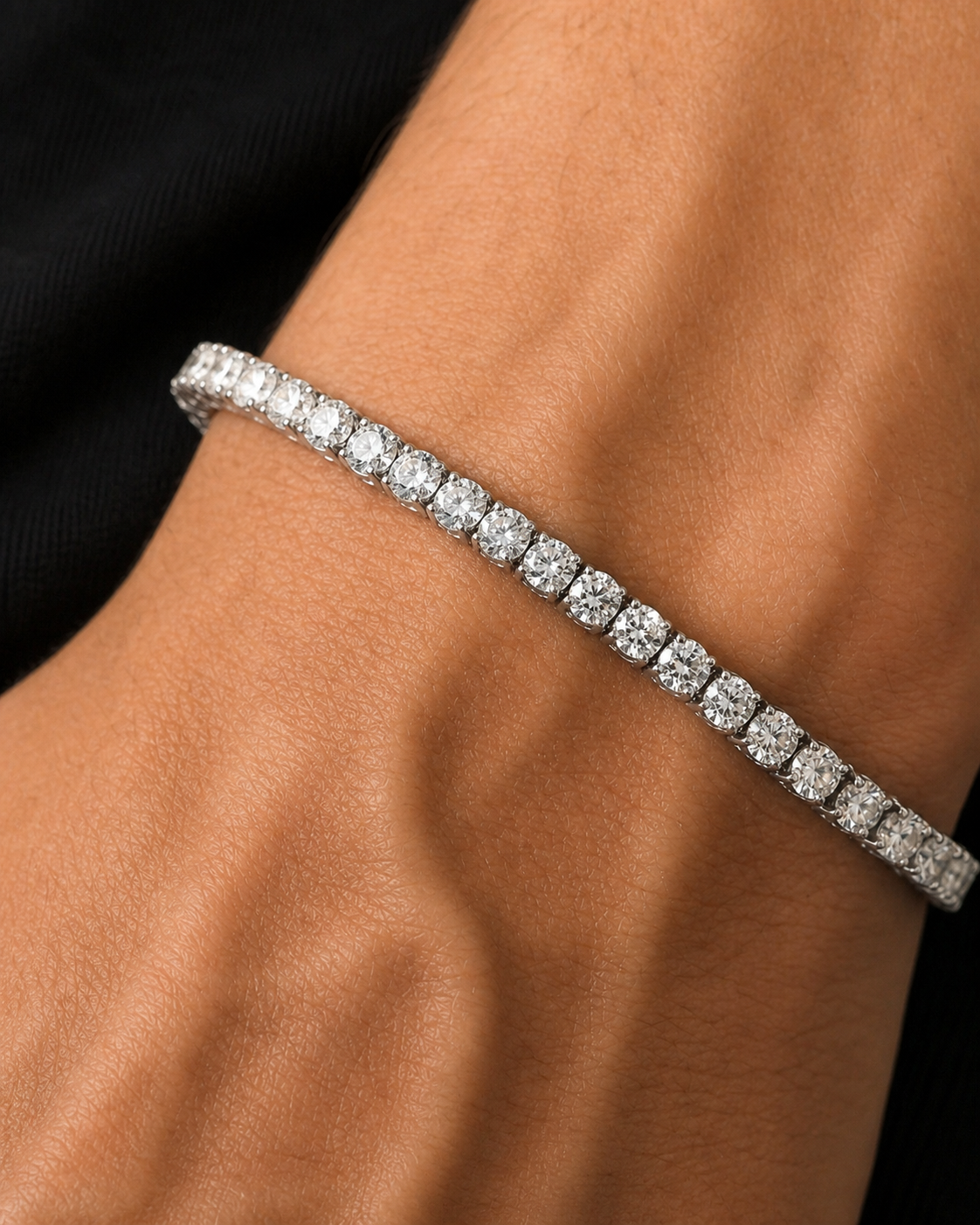 Silver Iced Tennis Bracelet 3 mm worn on Tyler's wrist in a macro close-up