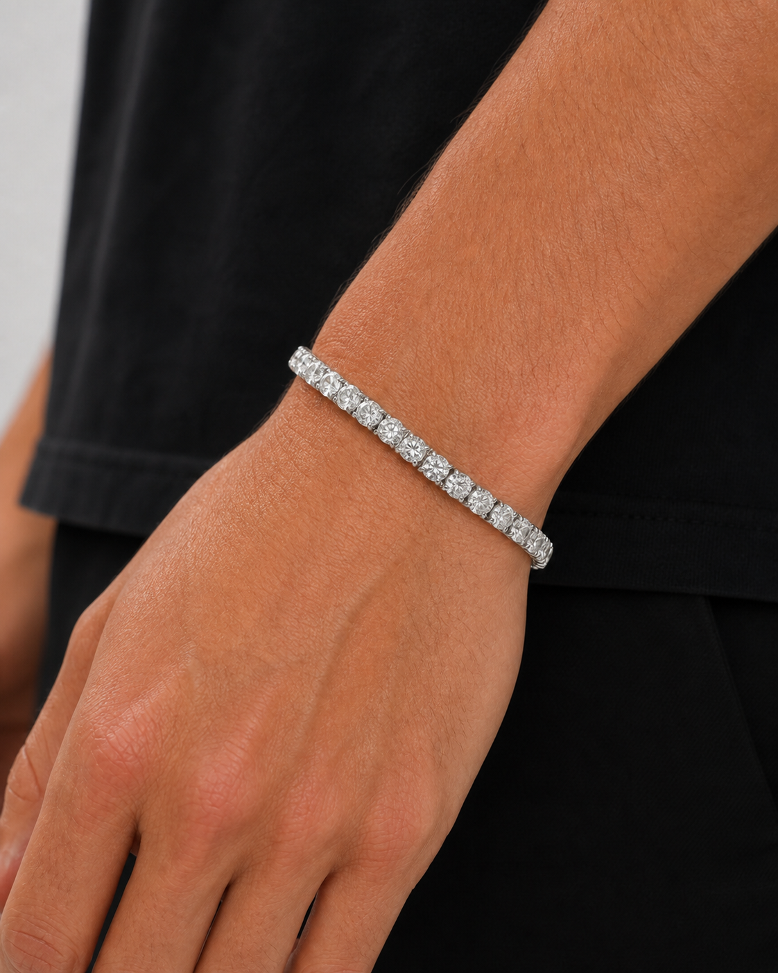 Silver Iced Tennis Bracelet 5 mm worn on Tyler's wrist in a close-up