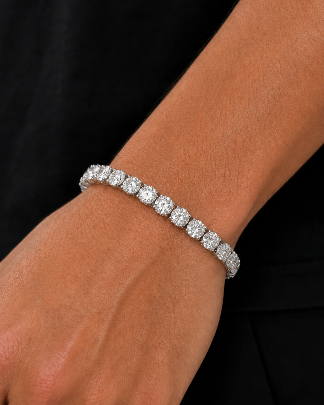 Silver Iced Tennis Bracelet 5 mm worn on Tyler's wrist in a macro close-up