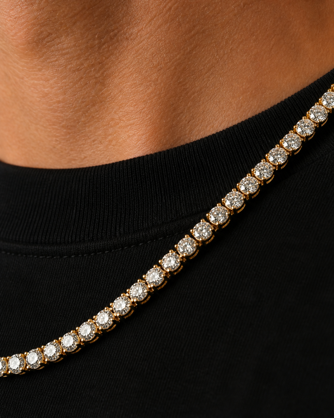 Gold Iced Tennis Chain 3 mm worn by Tyler, diagonal close-up