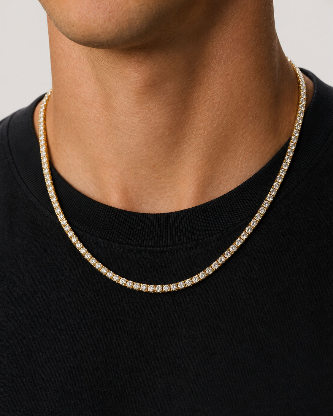 Gold Iced Tennis Chain 3 mm worn by Tyler, close front view