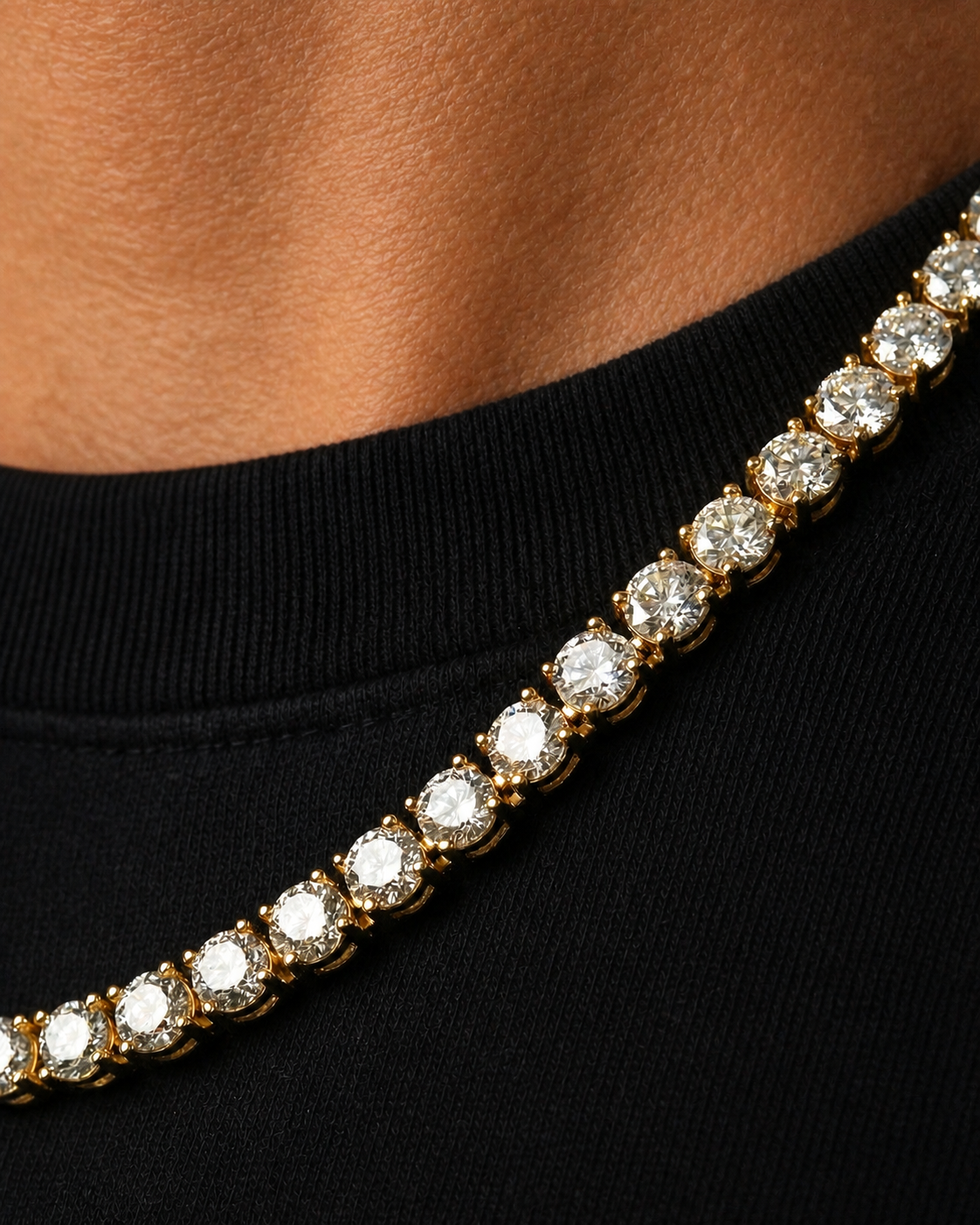 Gold Iced Tennis Chain 4 mm worn by Drew, close angled view