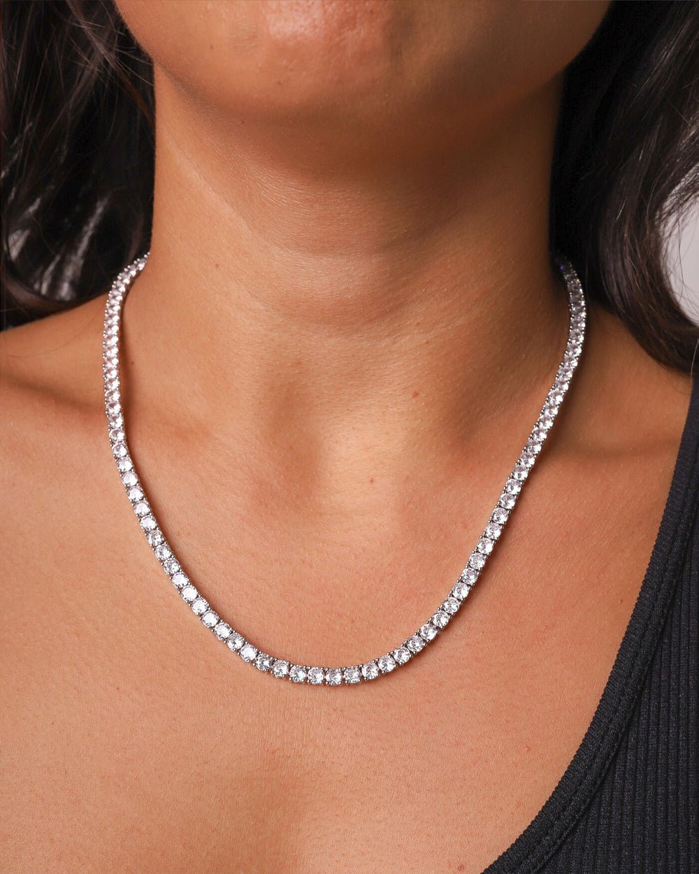 Silver Iced Tennis Chain 4 mm worn by Mell, front view