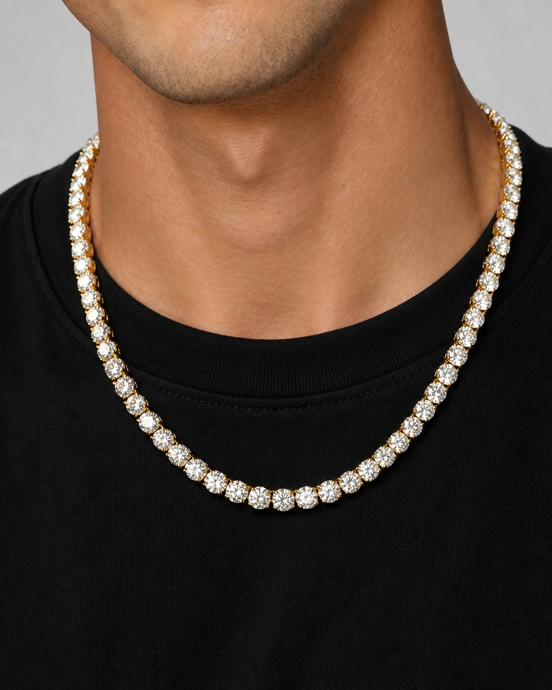 Gold Iced Tennis Chain 5 mm worn by Tyler, front view