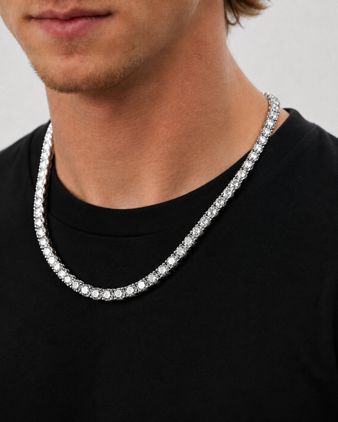 Silver Iced Tennis Chain 5 mm worn by Tyler, close view