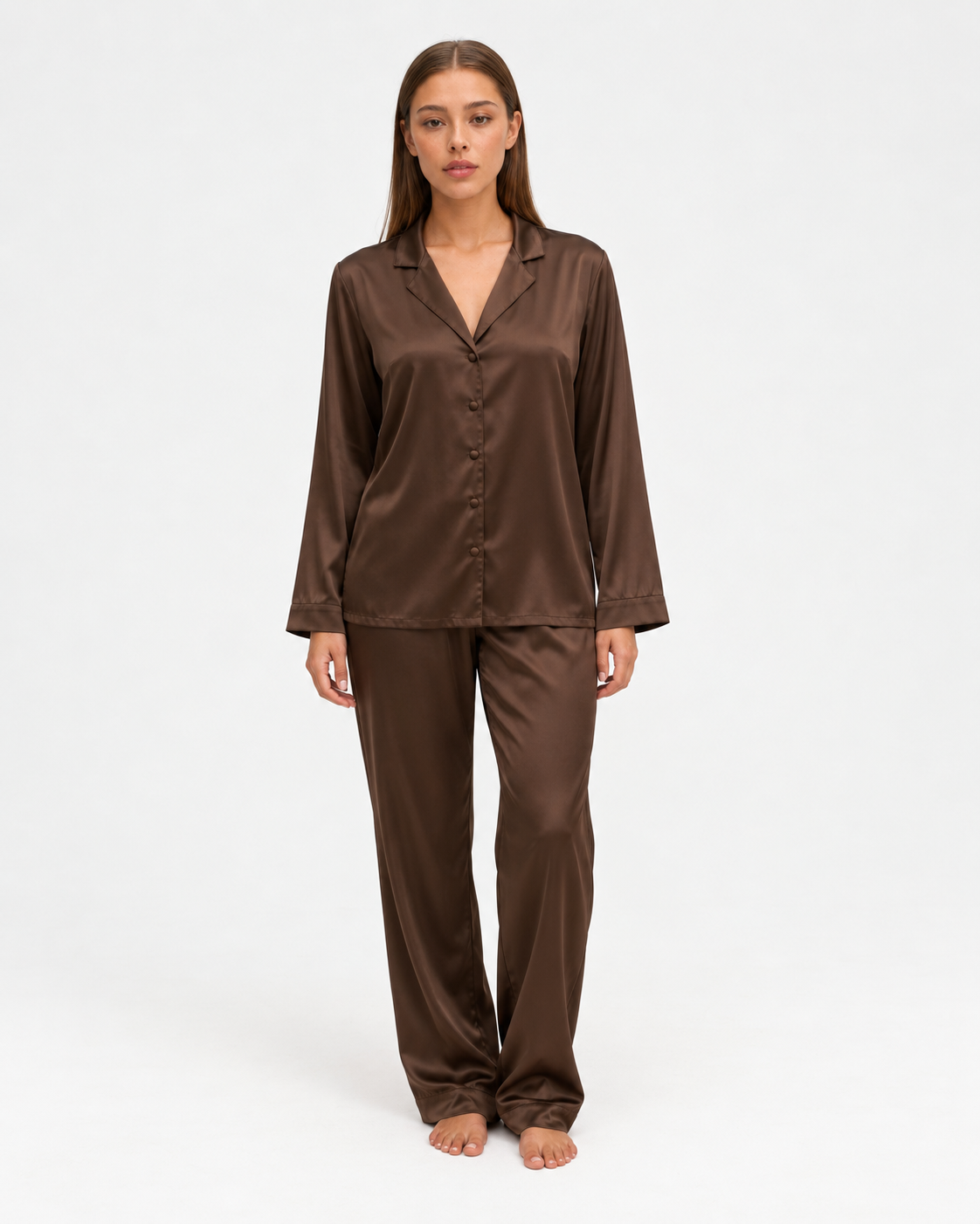 Sara wearing the Long Pajama Set in brown, full-length front view