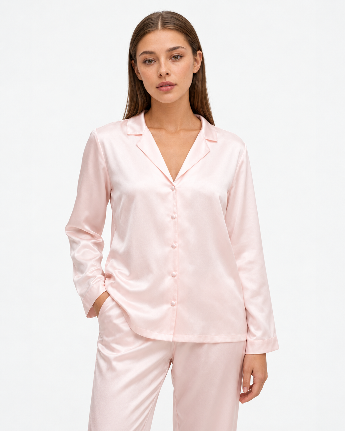 Sara wearing the Long Pajama Set in pink, closer front view