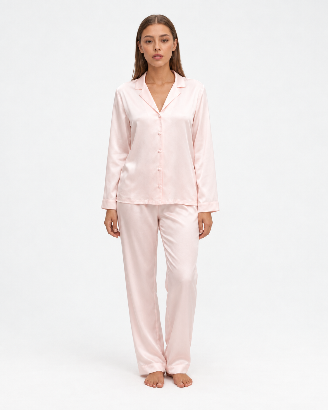Sara wearing the Long Pajama Set in pink, full-length front view