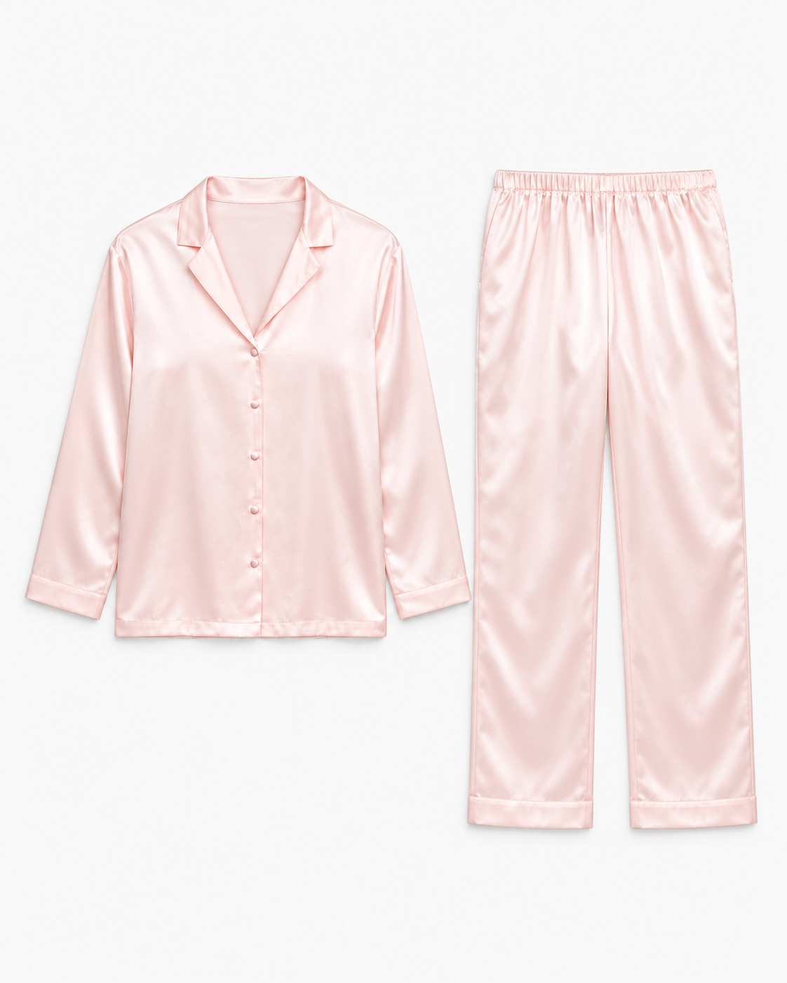 Long Pajama Set in pink, both pieces shown flat