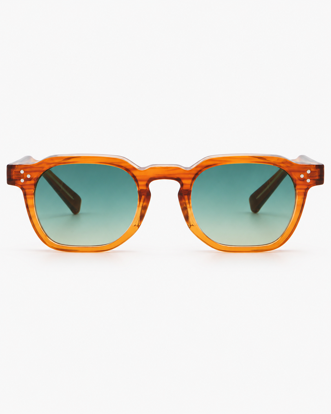 Square Sunglasses in translucent orange with green gradient lenses, front view