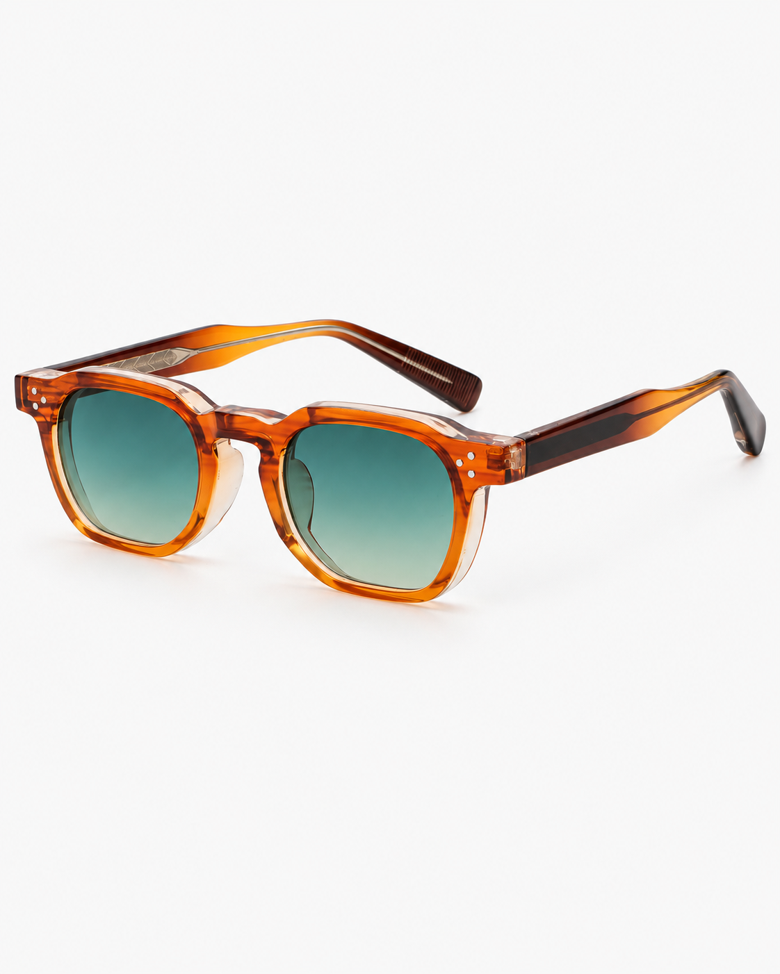 Square Sunglasses in translucent orange with green gradient lenses, three-quarter view