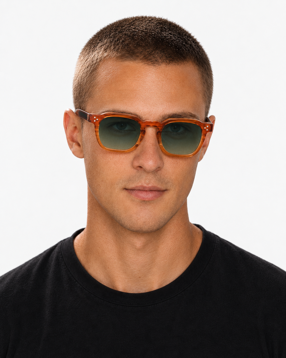 Square Sunglasses in translucent orange with green gradient lenses, worn by a man