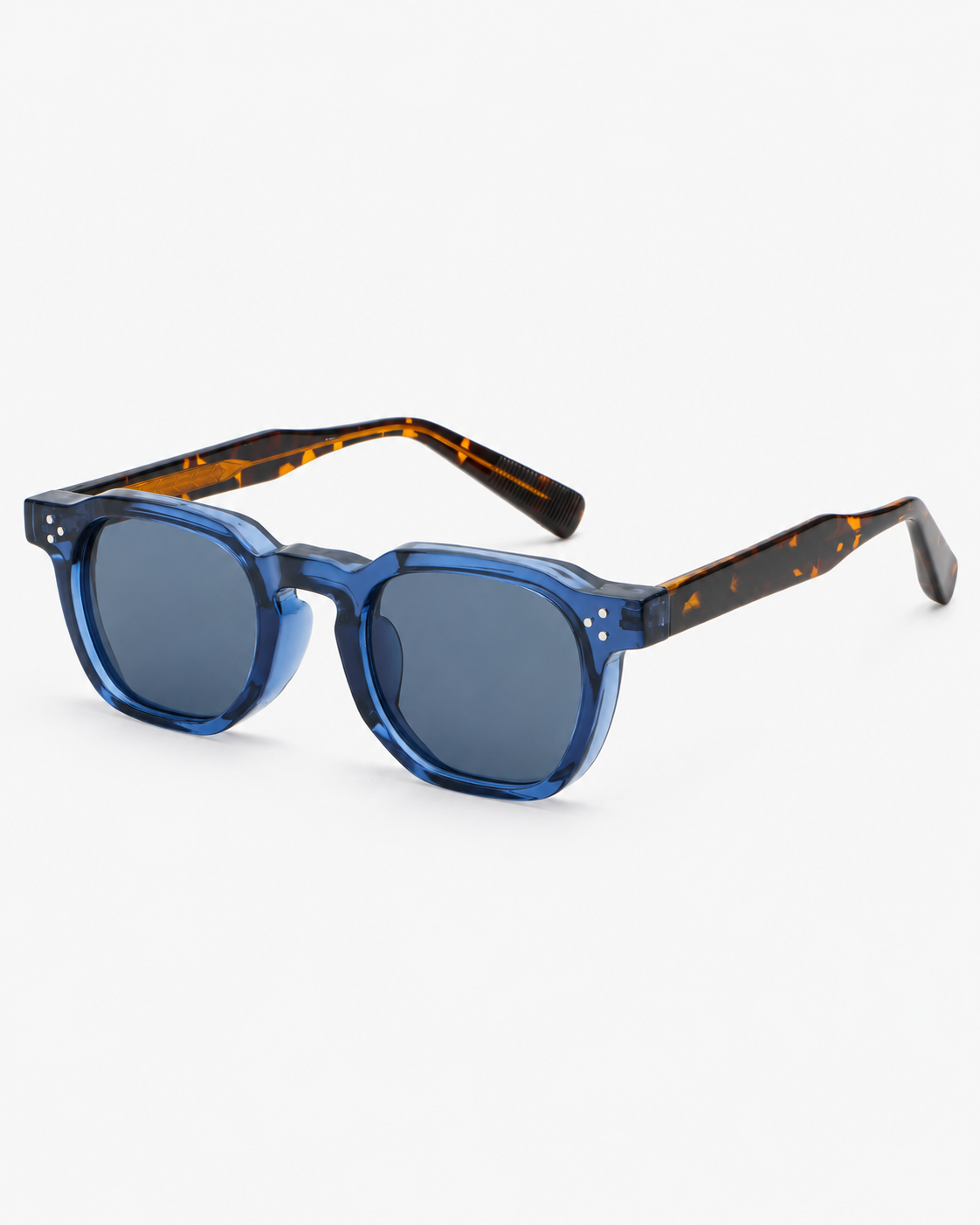 Square Sunglasses in translucent blue with blue grey lenses, three-quarter view