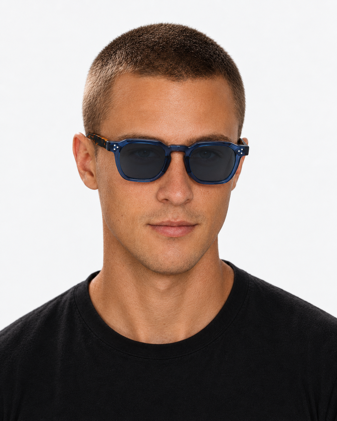 Square Sunglasses in translucent blue with blue grey lenses, worn by a man
