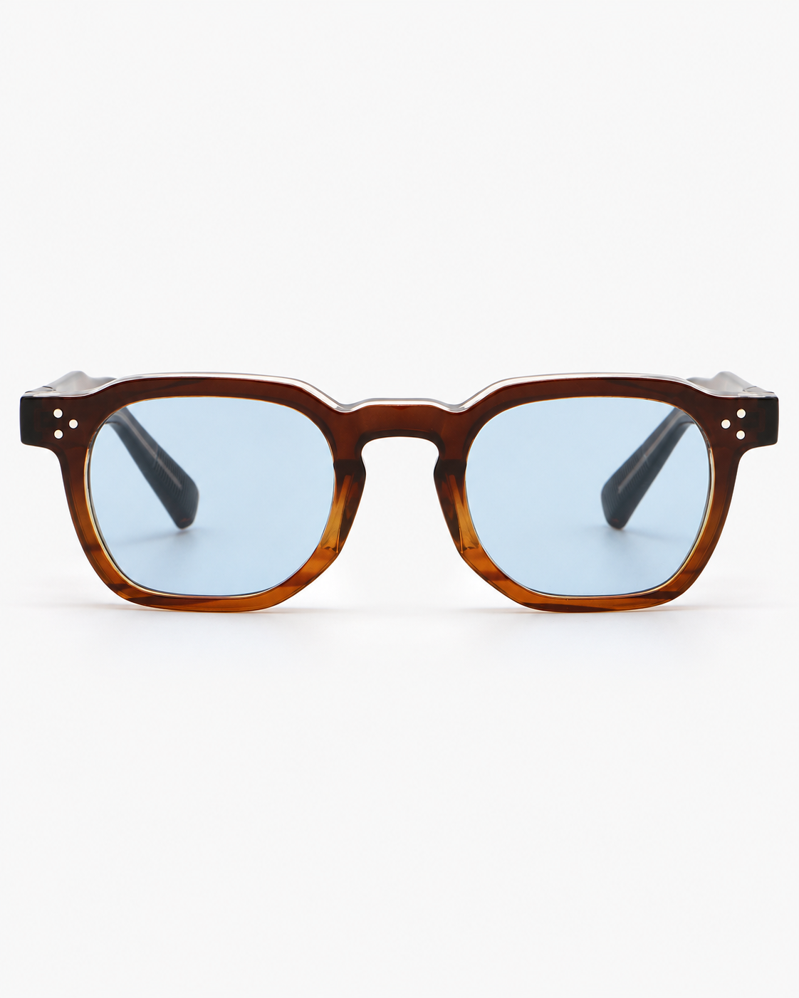 Square Sunglasses in dark tortoiseshell with pale blue lenses, front view