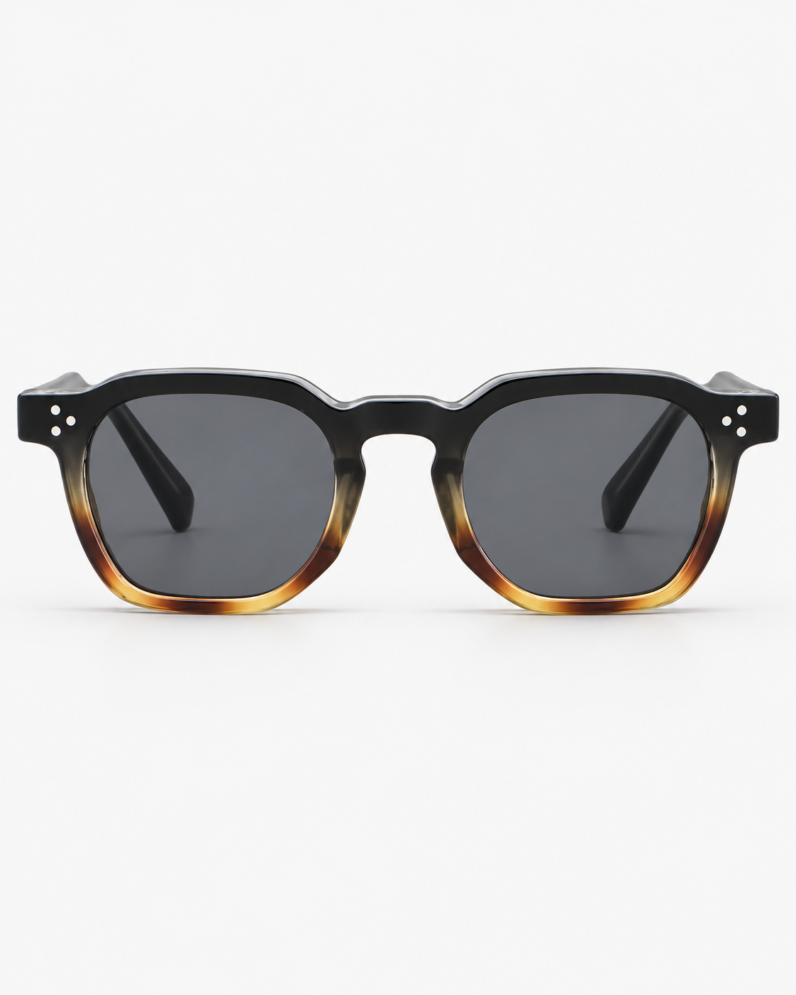 Square Sunglasses in black fading into tortoiseshell with grey lenses, front view