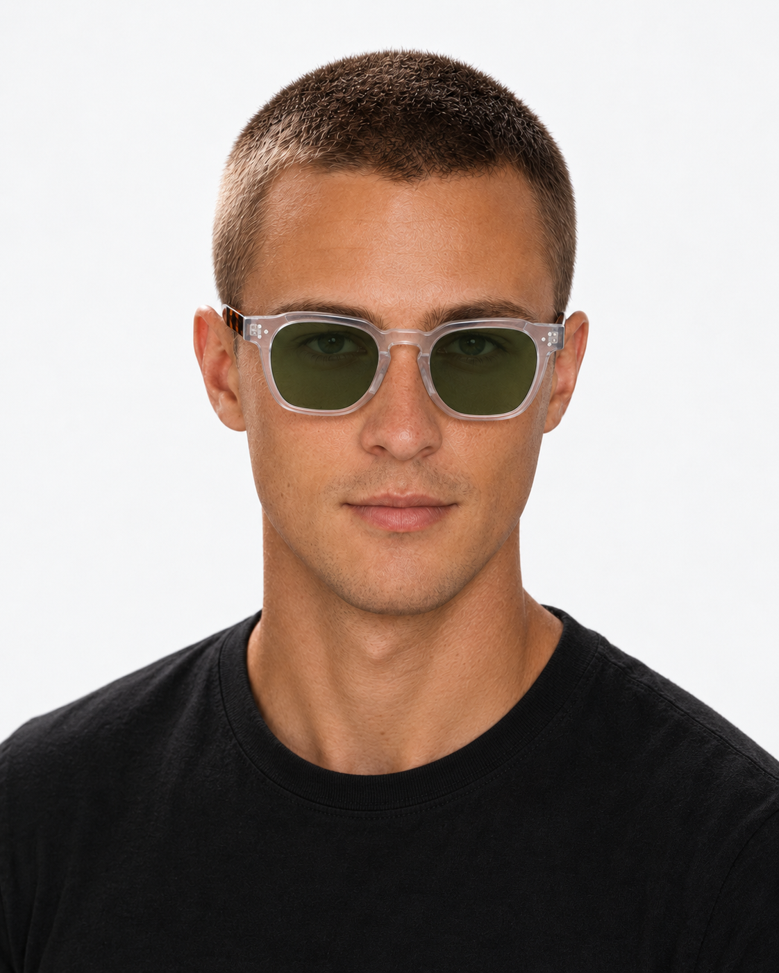 Square Sunglasses in clear with tortoiseshell arms and green lenses, worn by a man