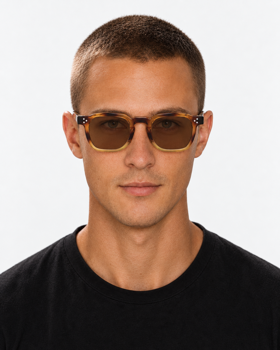 Square Sunglasses in tortoiseshell fading into honey yellow with brown lenses, worn by a man
