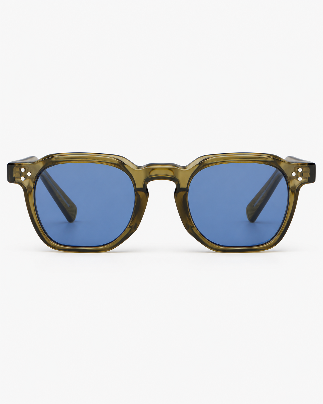 Square Sunglasses in translucent olive with blue lenses, front view