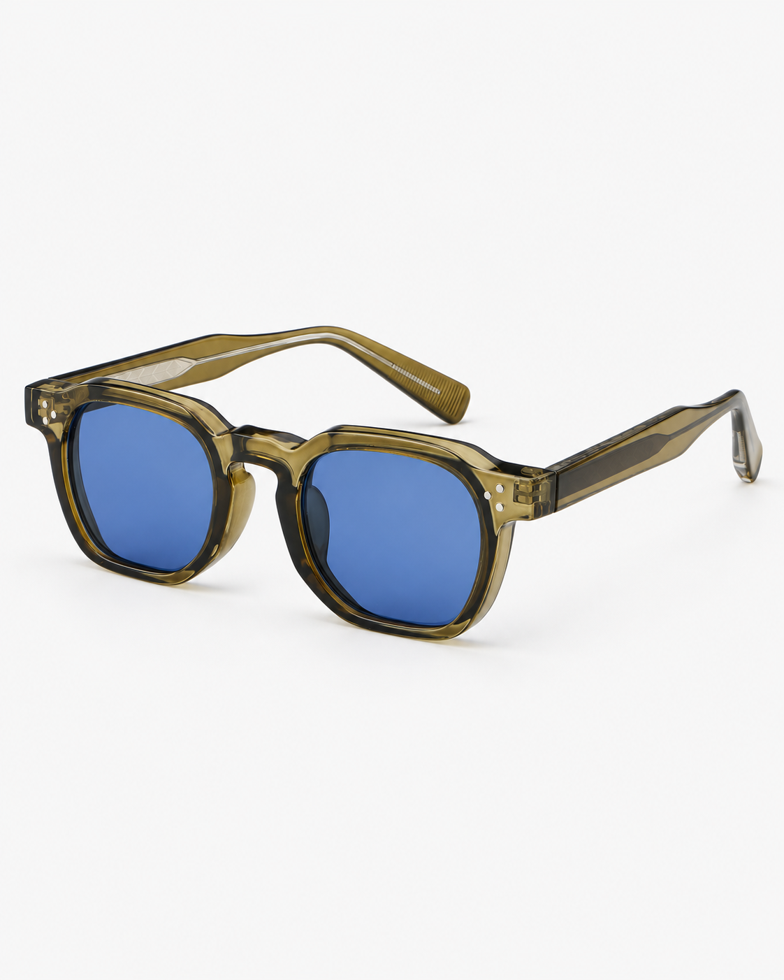 Square Sunglasses in translucent olive with blue lenses, three-quarter view