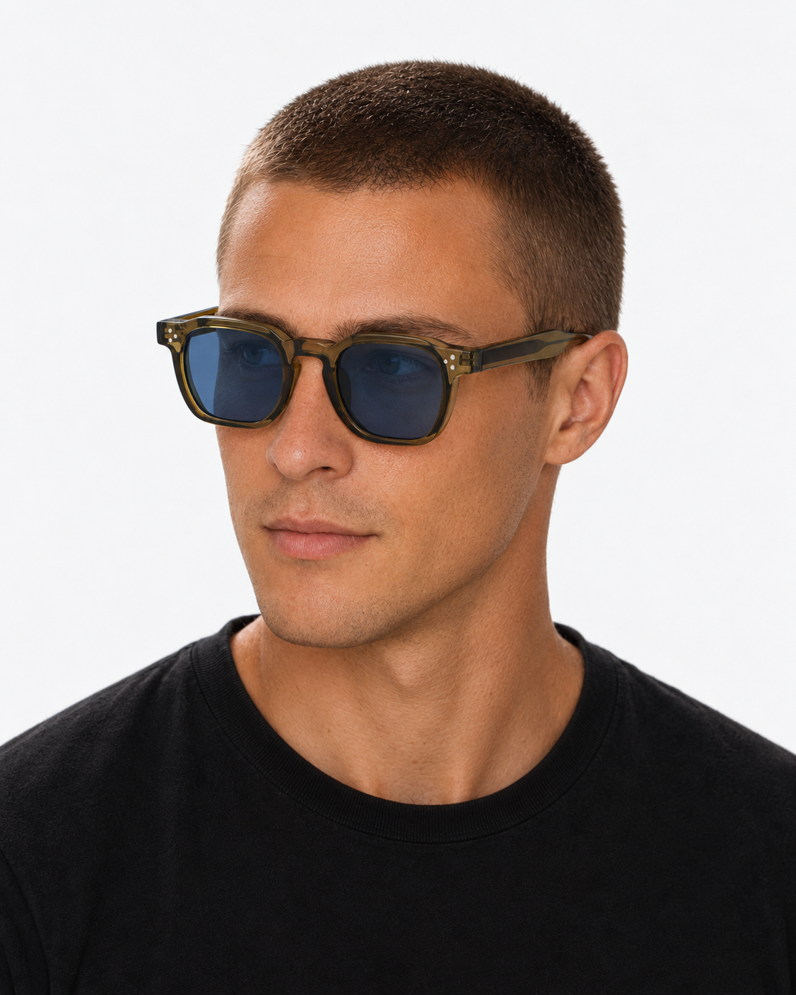 Square Sunglasses in translucent olive with blue lenses, worn by a man