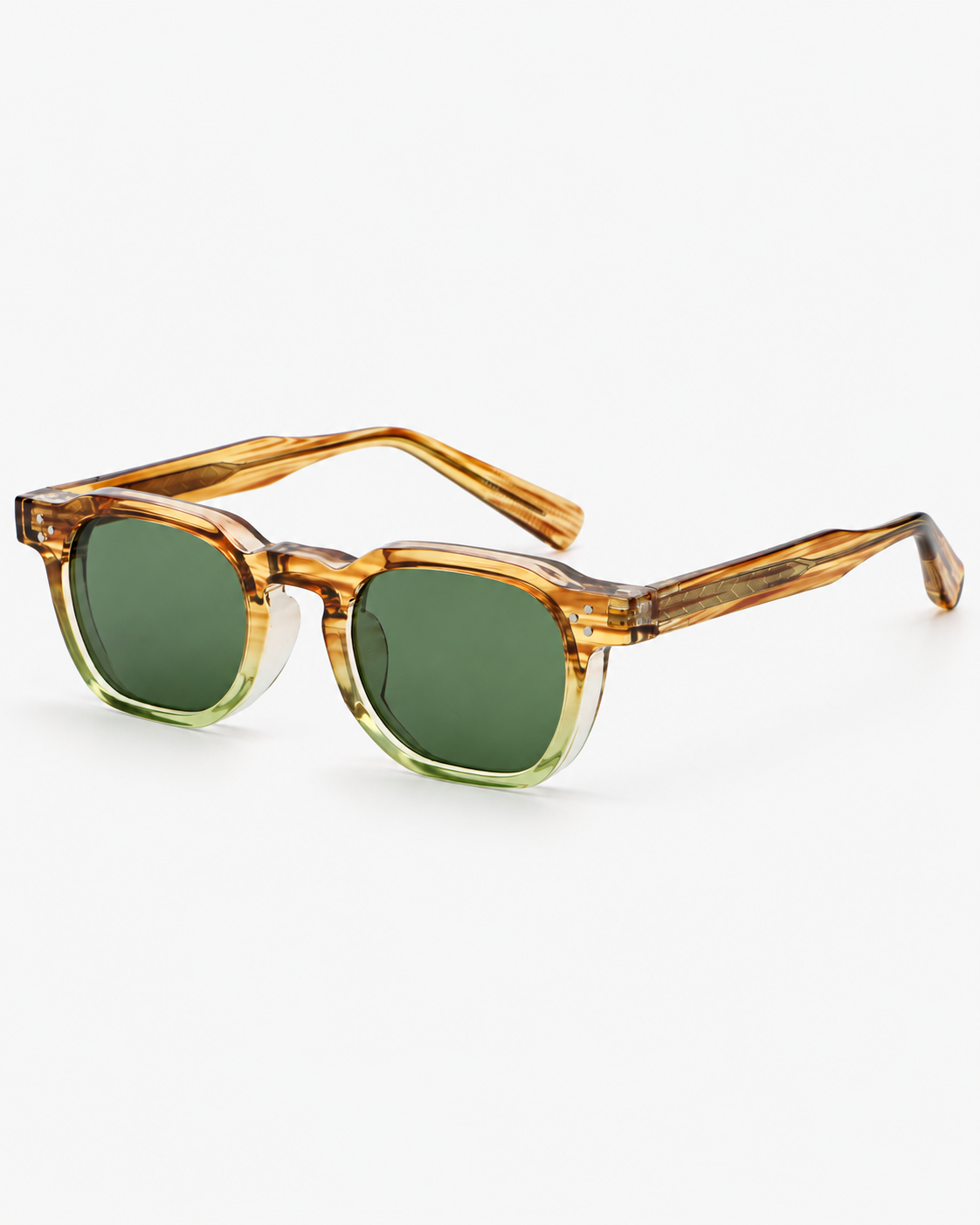 Square Sunglasses in striped brown fading into pale green with green lenses, three-quarter view