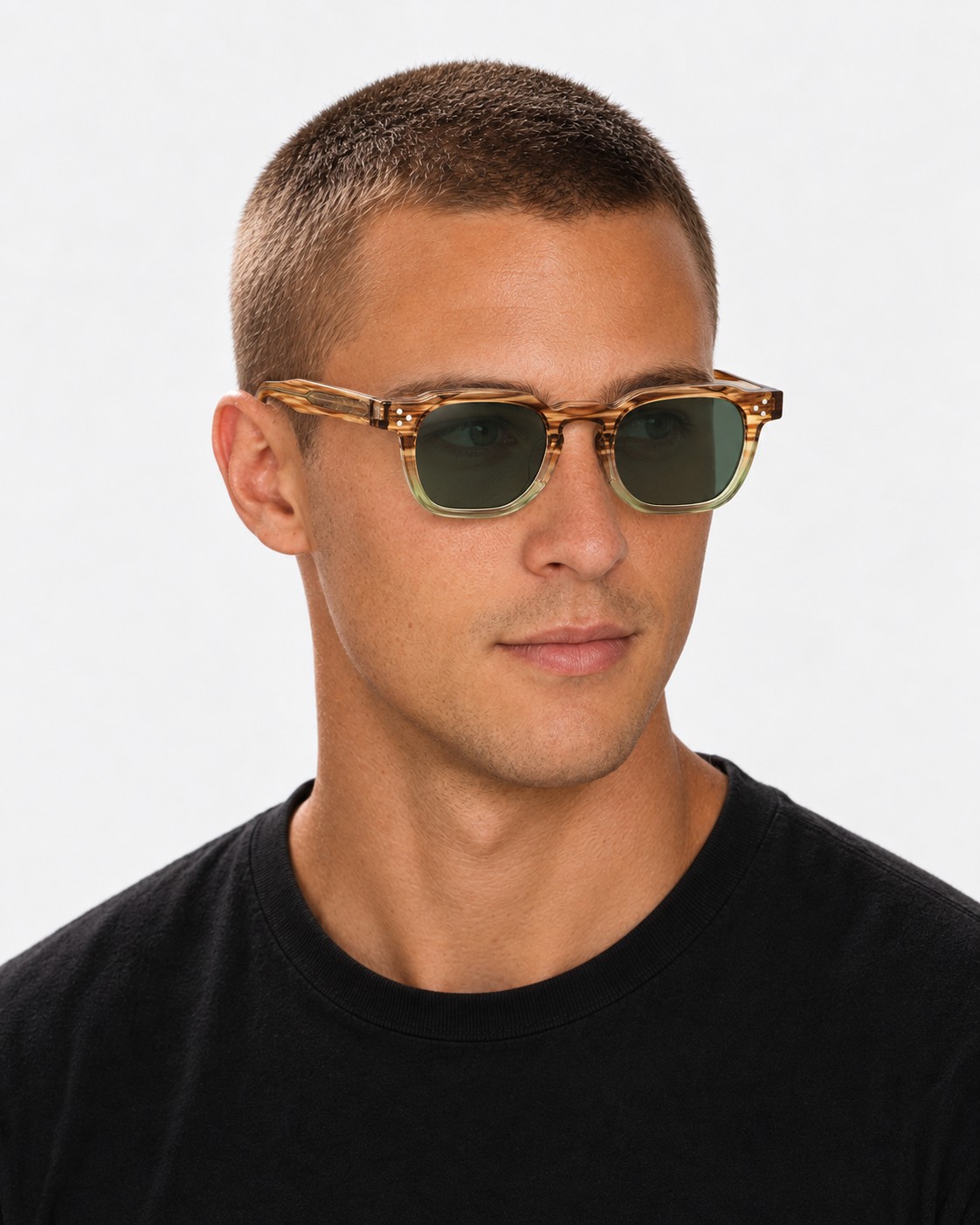 Square Sunglasses in striped brown fading into pale green with green lenses, worn by a man