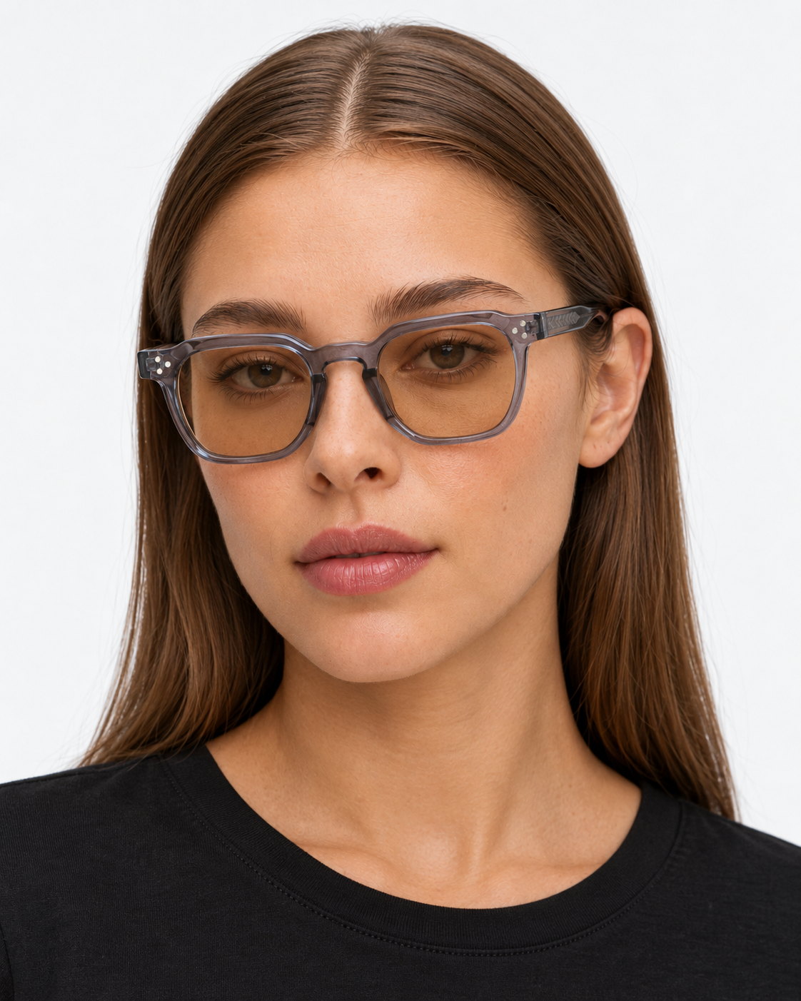 Square Sunglasses in translucent grey with light brown lenses, worn by a woman