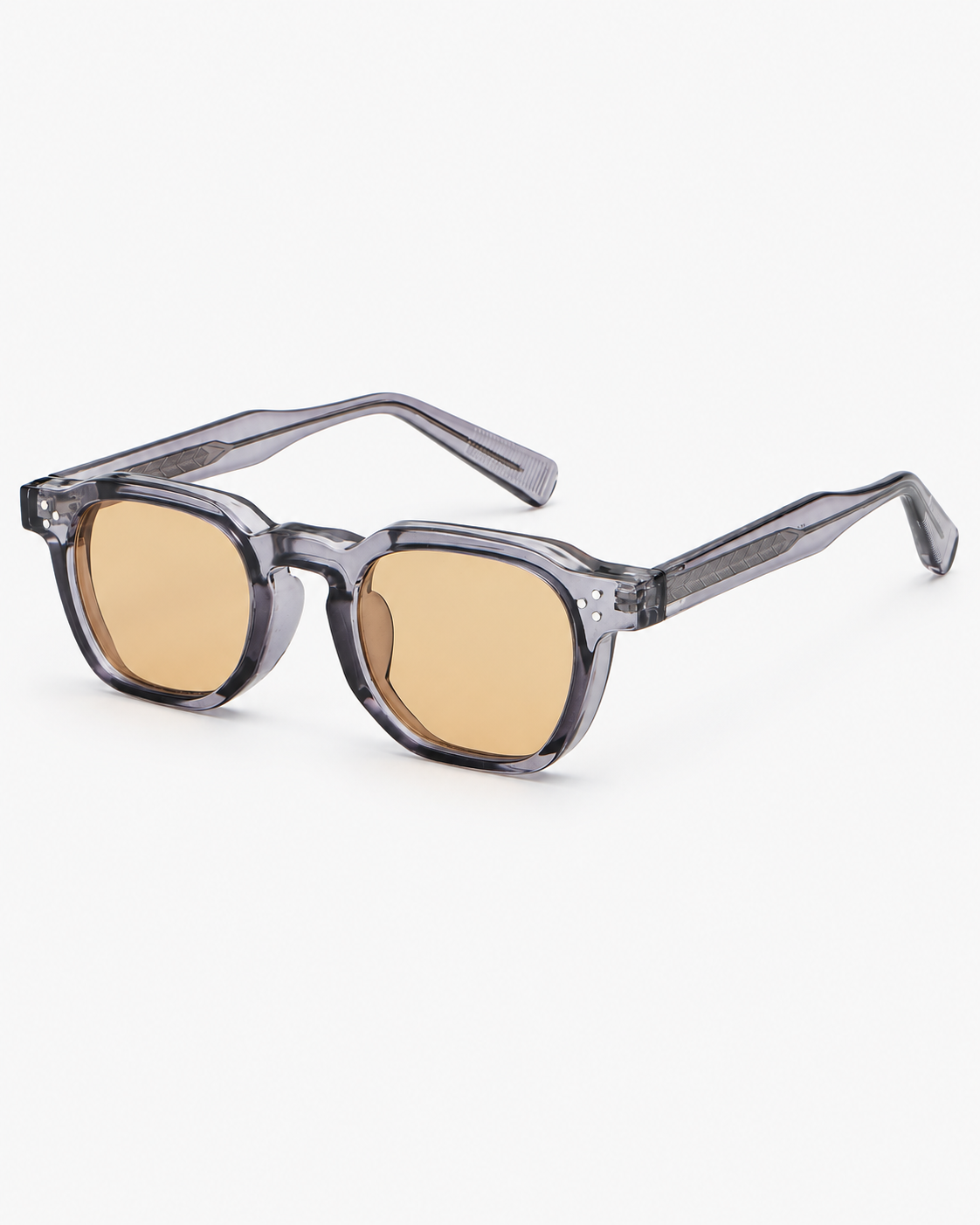 Square Sunglasses in translucent grey with light brown lenses, three-quarter view