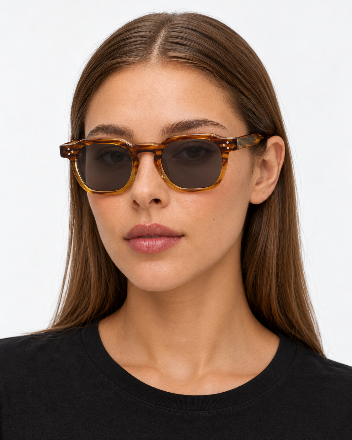 Square Sunglasses in striped tortoiseshell with smoky grey lenses, worn by a woman