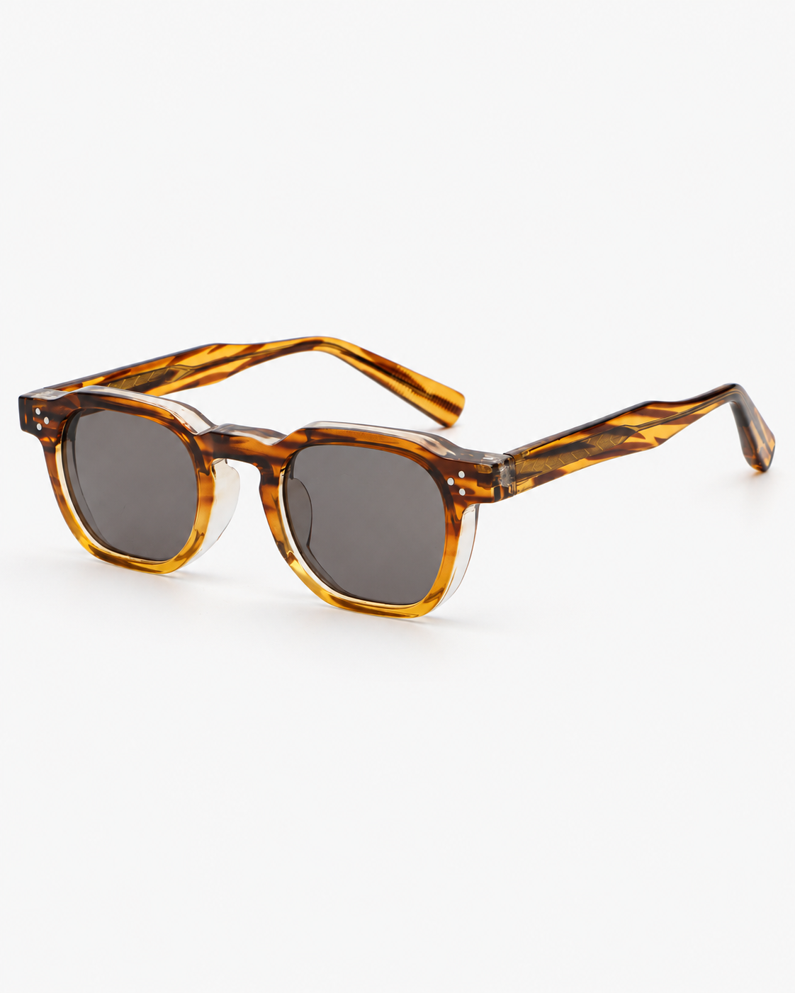Square Sunglasses in striped tortoiseshell with smoky grey lenses, three-quarter view
