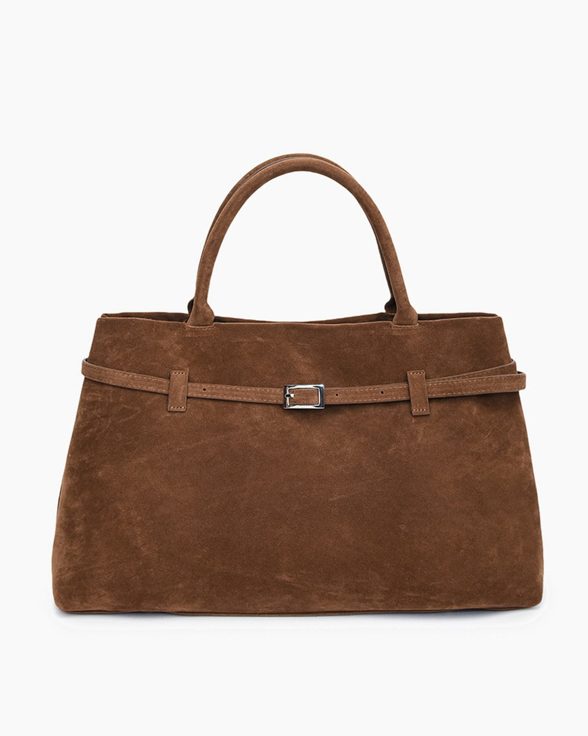 Chocolate brown suede top handle bag with a slim front belt and square buckle, front view on a plain background
