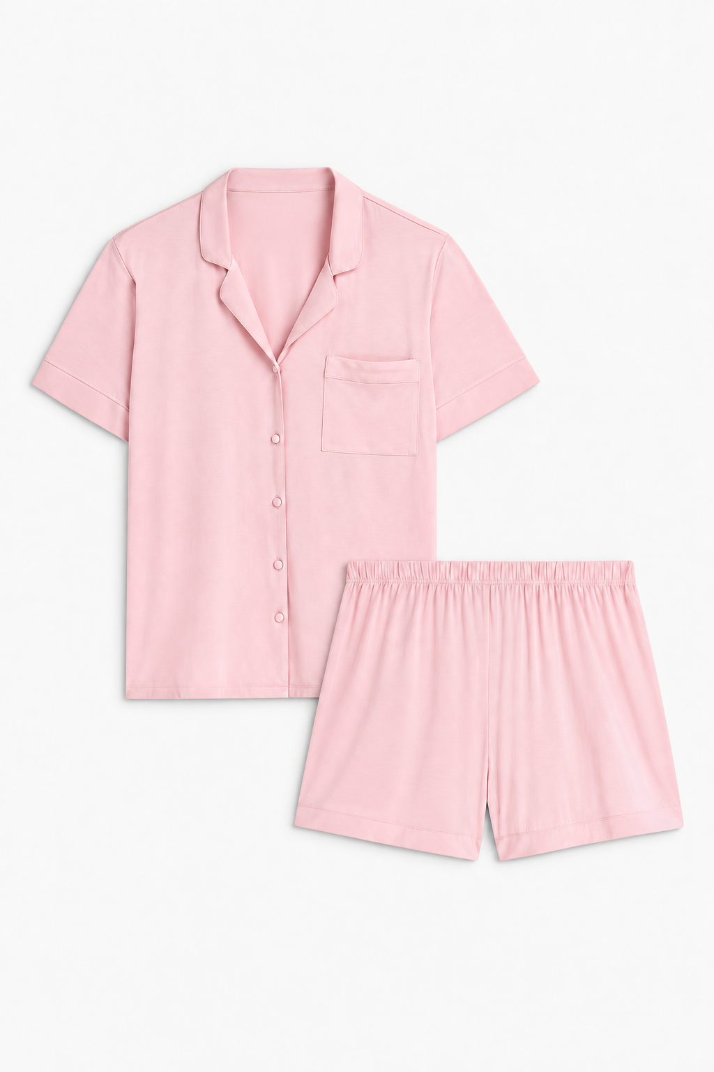 button up short pajama set pink studio flatlay