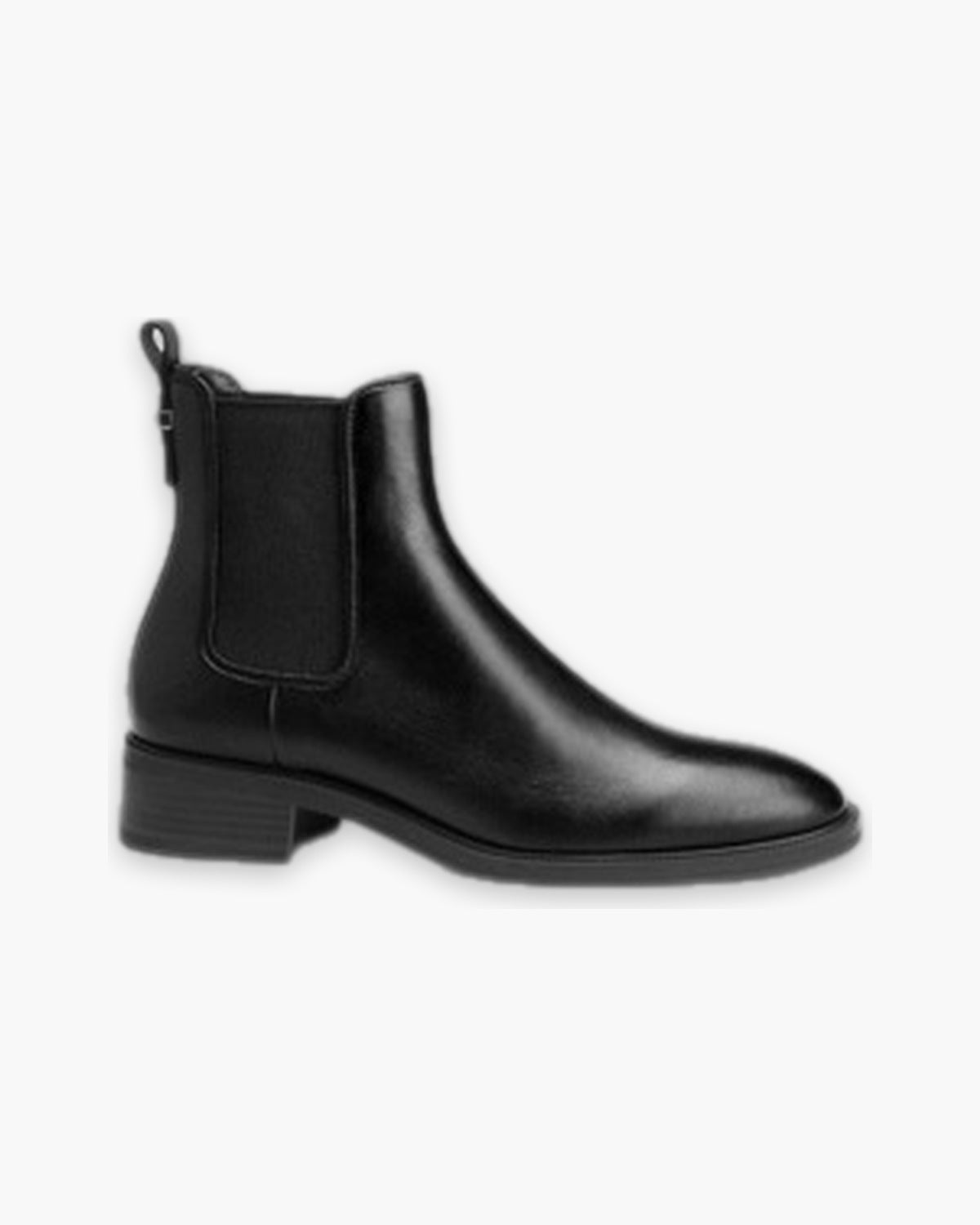 Black leather Chelsea boot, side view showing the elastic gore and block heel