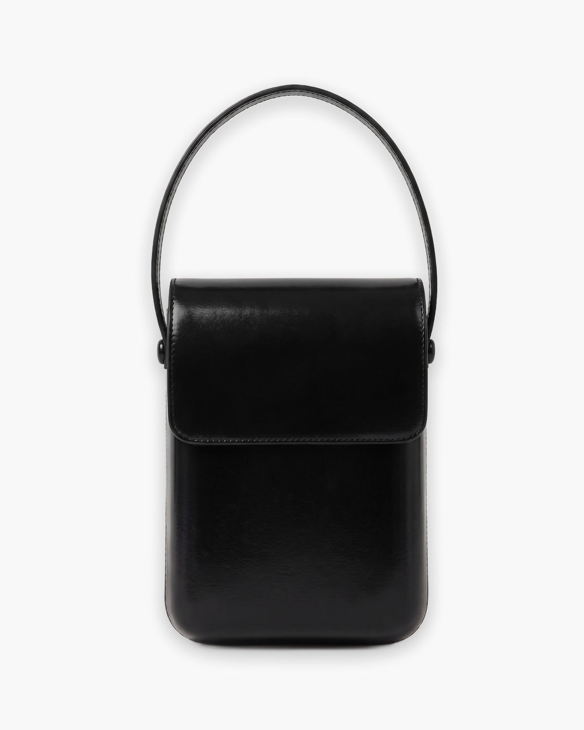 Black crossbody pouch with a fold over flap, on a plain background