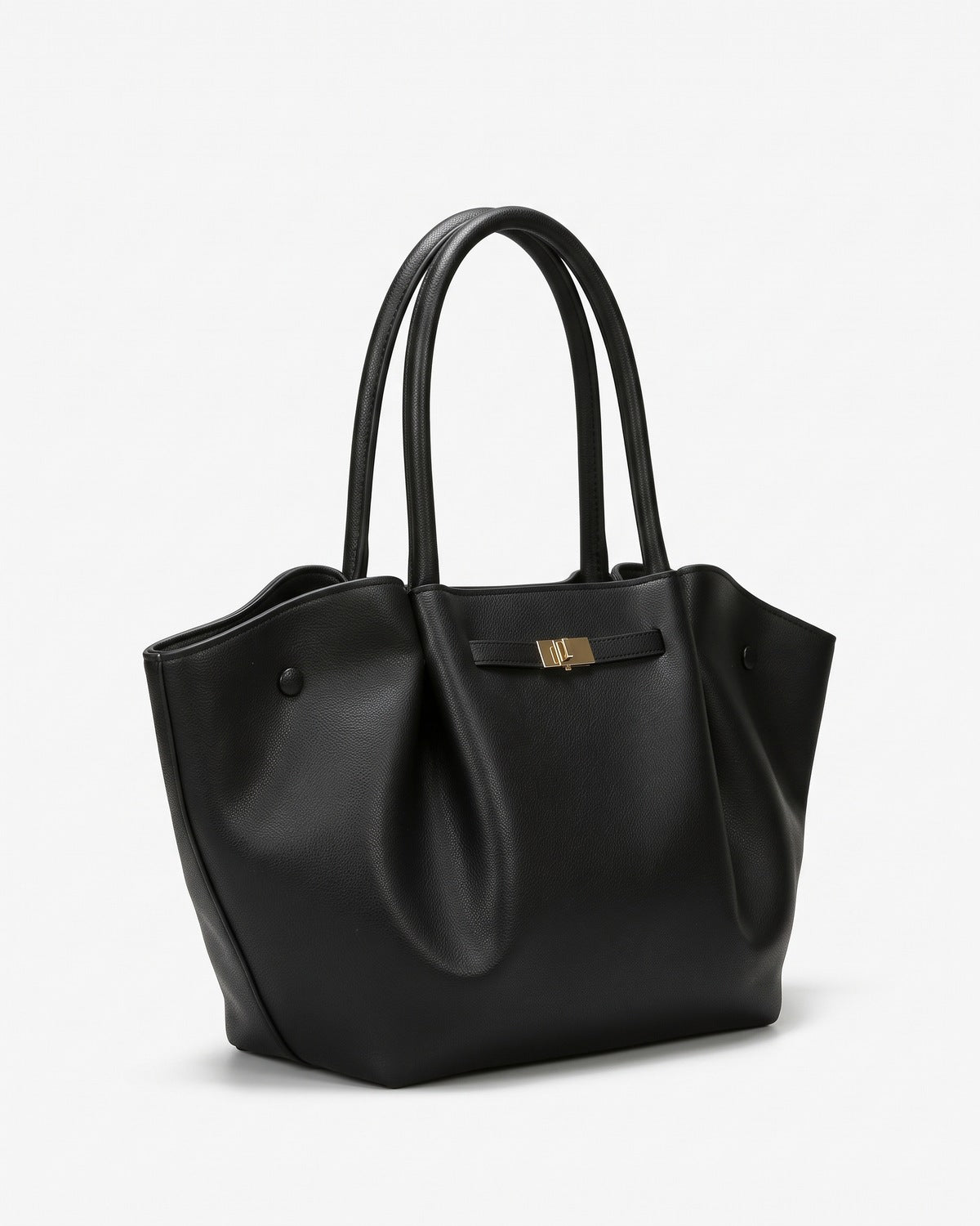 Black everyday tote bag with folded side panels and a gold turn-lock tab, three-quarter view on a plain background