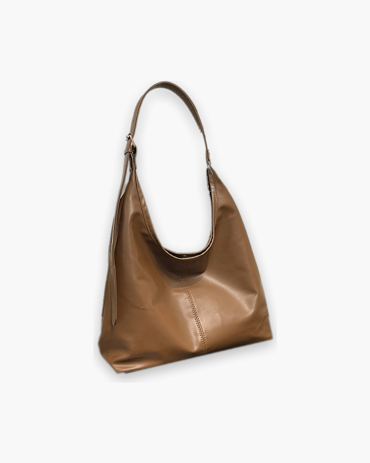 Brown slouchy shoulder bag, front view on a plain background