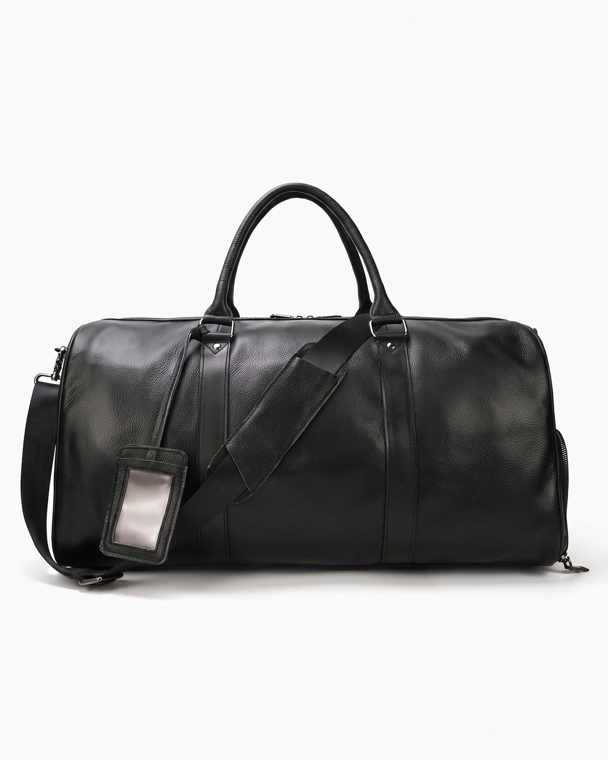 Black leather weekender bag with twin handles and a detachable shoulder strap, on a plain background