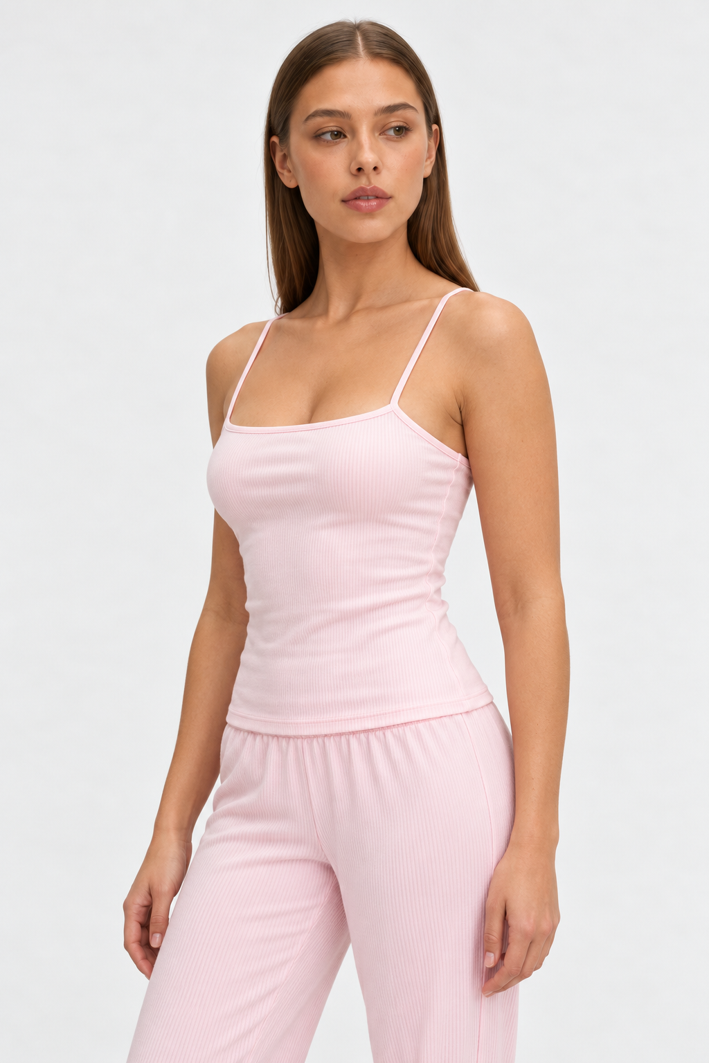 long cami pajama set pink worn by Sarah, studio view