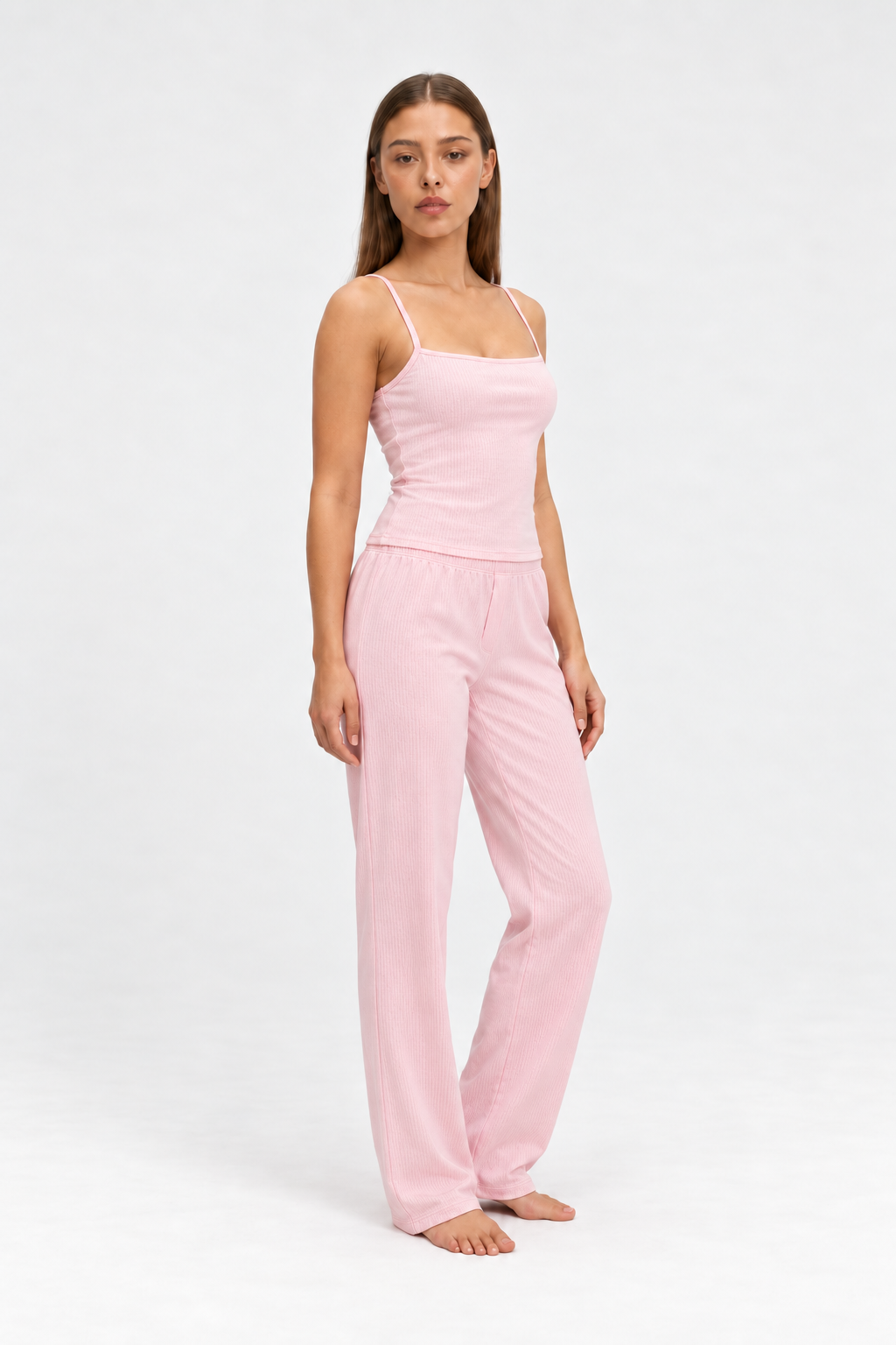 long cami pajama set pink worn by Sarah in a full-length studio view
