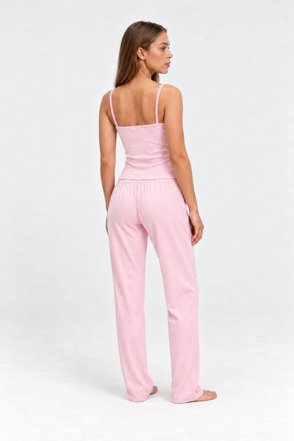 long cami pajama set pink worn by Sarah, additional studio view
