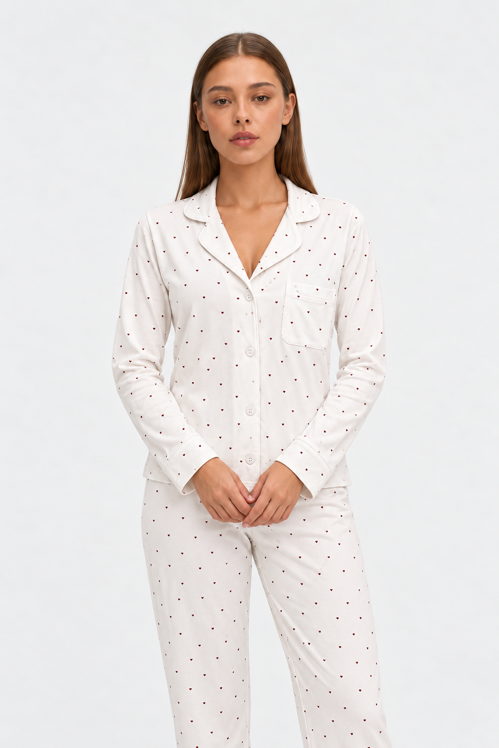 long heart print pajama set white worn by Sarah, closer studio view